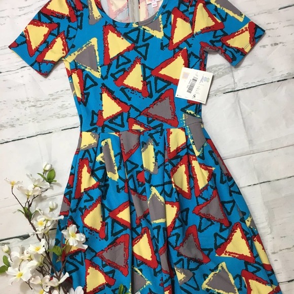 LuLaRoe Amelia Dress Geometric Print Bright Blue Yellow Red Gray NWT XXS 80s - Picture 1 of 2